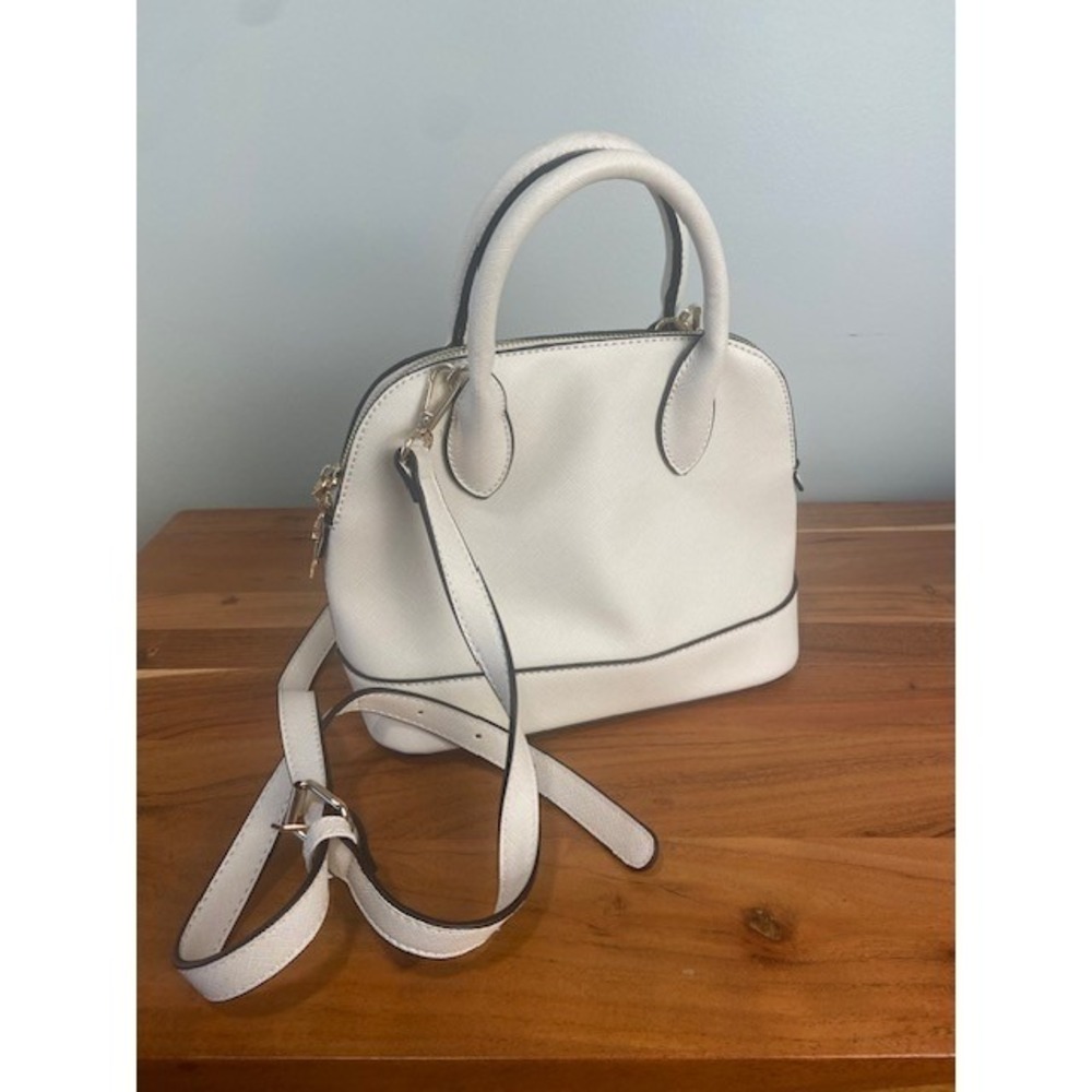 Isabelle White Vegan Leather Dome Satchel Crossbody Handbag Gold Hardware